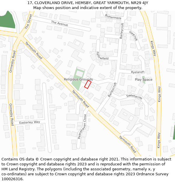 17, CLOVERLAND DRIVE, HEMSBY, GREAT YARMOUTH, NR29 4JY: Location map and indicative extent of plot