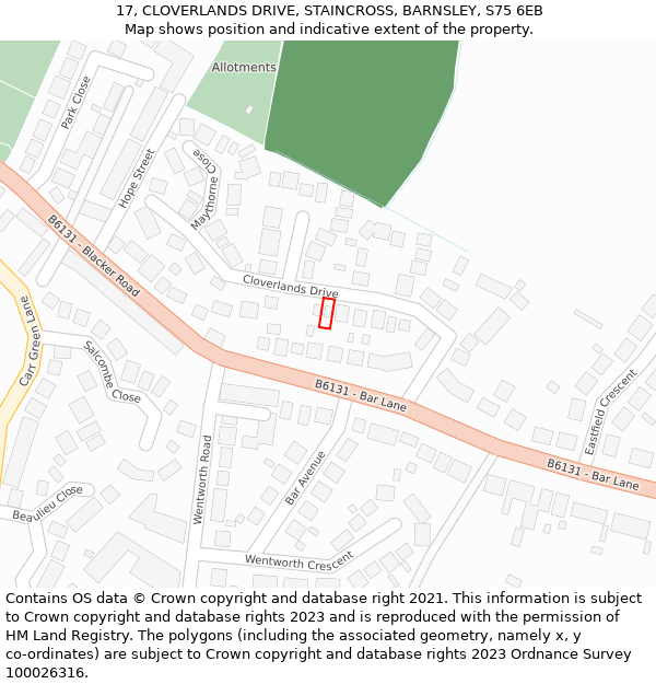 17, CLOVERLANDS DRIVE, STAINCROSS, BARNSLEY, S75 6EB: Location map and indicative extent of plot