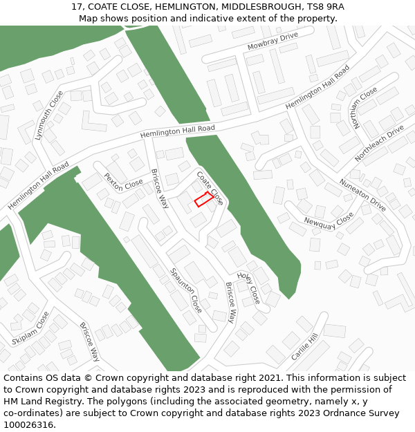 17, COATE CLOSE, HEMLINGTON, MIDDLESBROUGH, TS8 9RA: Location map and indicative extent of plot