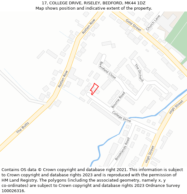17, COLLEGE DRIVE, RISELEY, BEDFORD, MK44 1DZ: Location map and indicative extent of plot