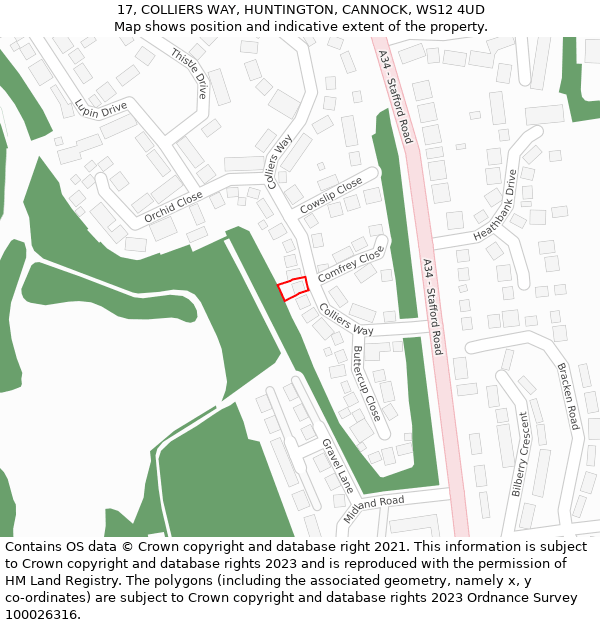 17, COLLIERS WAY, HUNTINGTON, CANNOCK, WS12 4UD: Location map and indicative extent of plot