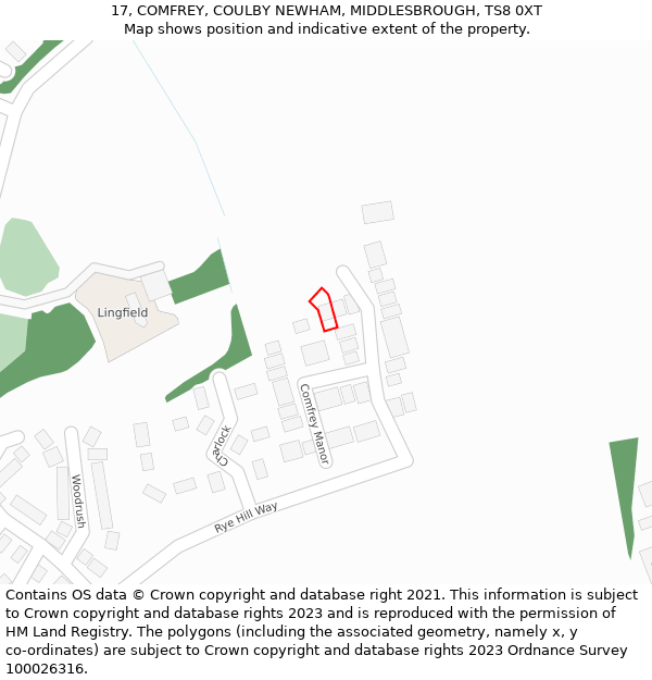 17, COMFREY, COULBY NEWHAM, MIDDLESBROUGH, TS8 0XT: Location map and indicative extent of plot