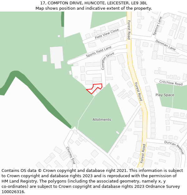 17, COMPTON DRIVE, HUNCOTE, LEICESTER, LE9 3BL: Location map and indicative extent of plot