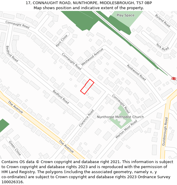 17, CONNAUGHT ROAD, NUNTHORPE, MIDDLESBROUGH, TS7 0BP: Location map and indicative extent of plot