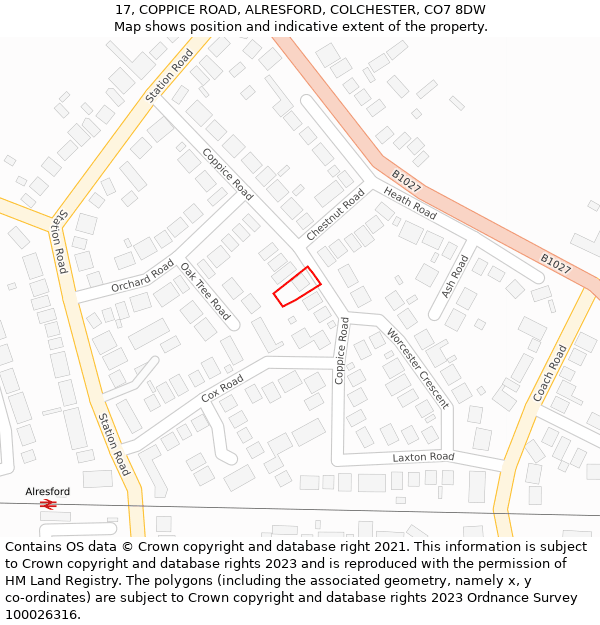 17, COPPICE ROAD, ALRESFORD, COLCHESTER, CO7 8DW: Location map and indicative extent of plot