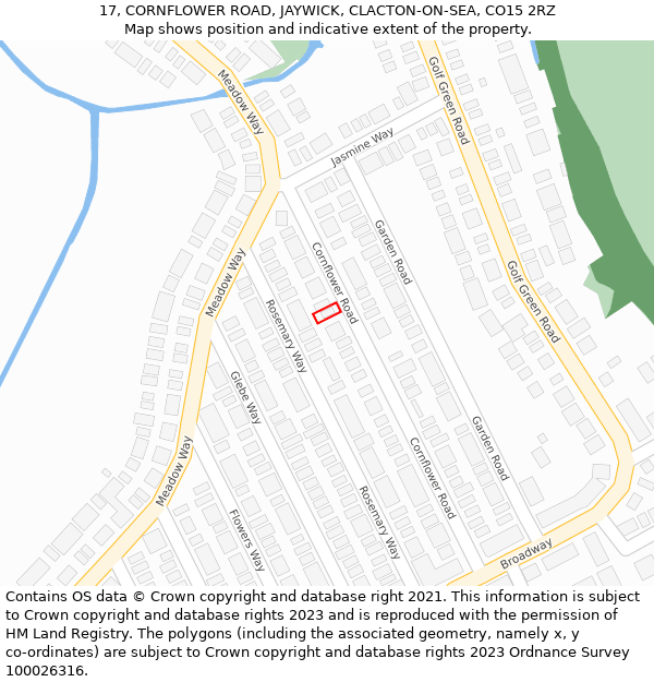 17, CORNFLOWER ROAD, JAYWICK, CLACTON-ON-SEA, CO15 2RZ: Location map and indicative extent of plot