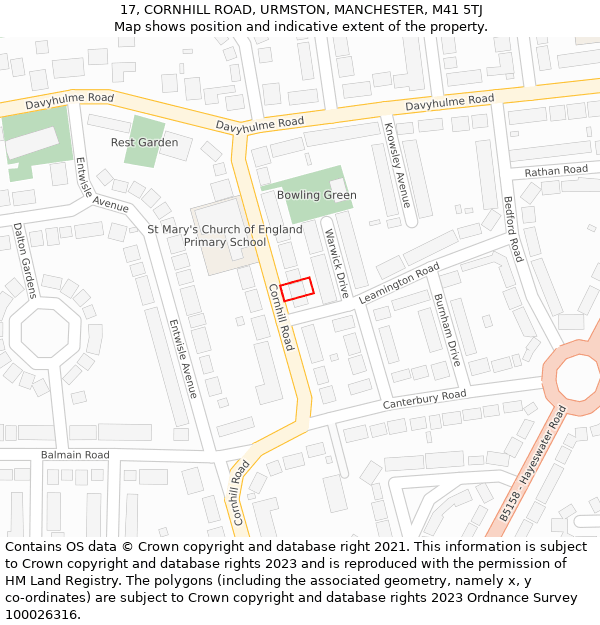 17, CORNHILL ROAD, URMSTON, MANCHESTER, M41 5TJ: Location map and indicative extent of plot