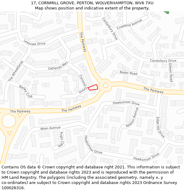 17, CORNMILL GROVE, PERTON, WOLVERHAMPTON, WV6 7XU: Location map and indicative extent of plot