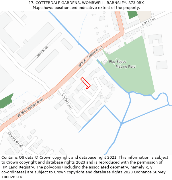 17, COTTERDALE GARDENS, WOMBWELL, BARNSLEY, S73 0BX: Location map and indicative extent of plot