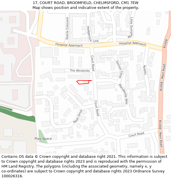 17, COURT ROAD, BROOMFIELD, CHELMSFORD, CM1 7EW: Location map and indicative extent of plot