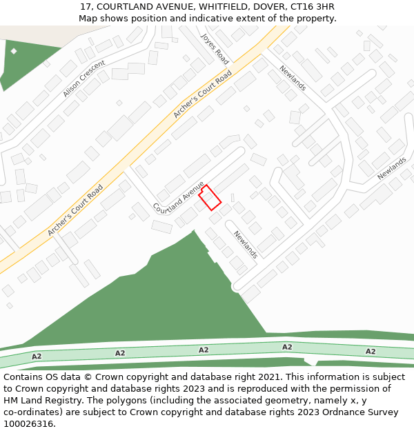 17, COURTLAND AVENUE, WHITFIELD, DOVER, CT16 3HR: Location map and indicative extent of plot