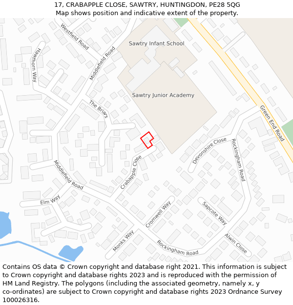 17, CRABAPPLE CLOSE, SAWTRY, HUNTINGDON, PE28 5QG: Location map and indicative extent of plot