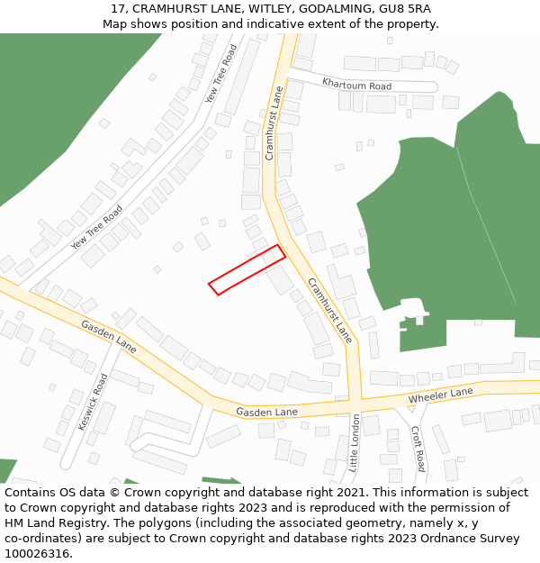 17, CRAMHURST LANE, WITLEY, GODALMING, GU8 5RA: Location map and indicative extent of plot