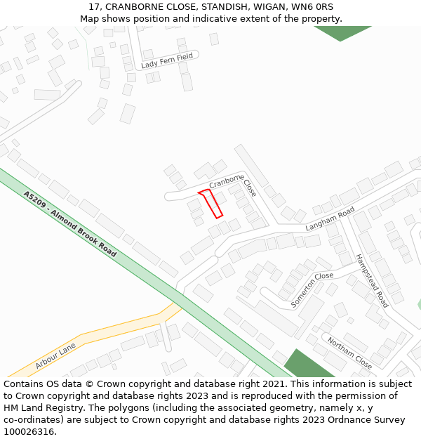 17, CRANBORNE CLOSE, STANDISH, WIGAN, WN6 0RS: Location map and indicative extent of plot