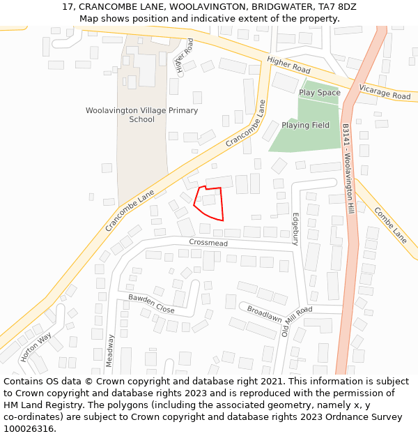 17, CRANCOMBE LANE, WOOLAVINGTON, BRIDGWATER, TA7 8DZ: Location map and indicative extent of plot