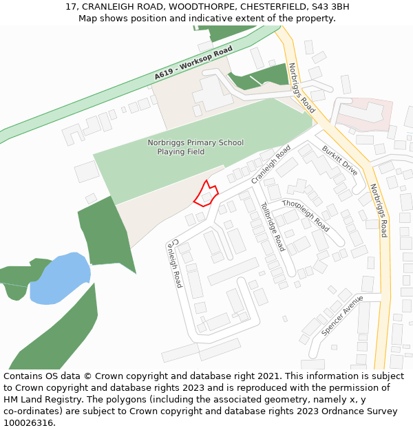 17, CRANLEIGH ROAD, WOODTHORPE, CHESTERFIELD, S43 3BH: Location map and indicative extent of plot