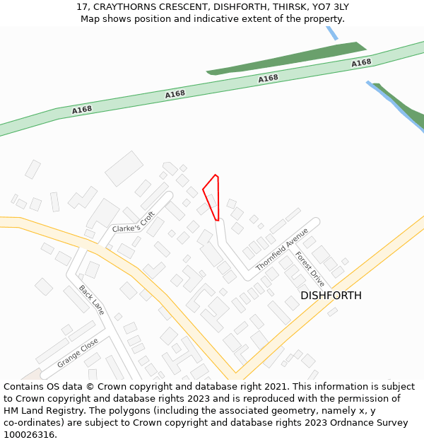 17, CRAYTHORNS CRESCENT, DISHFORTH, THIRSK, YO7 3LY: Location map and indicative extent of plot