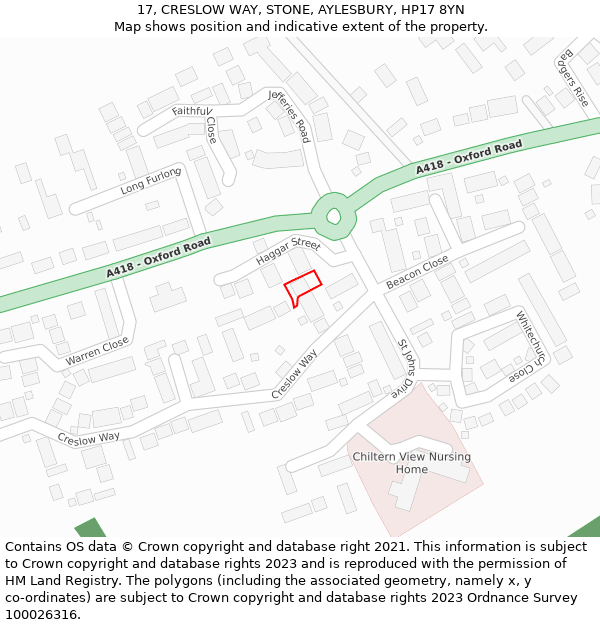 17, CRESLOW WAY, STONE, AYLESBURY, HP17 8YN: Location map and indicative extent of plot