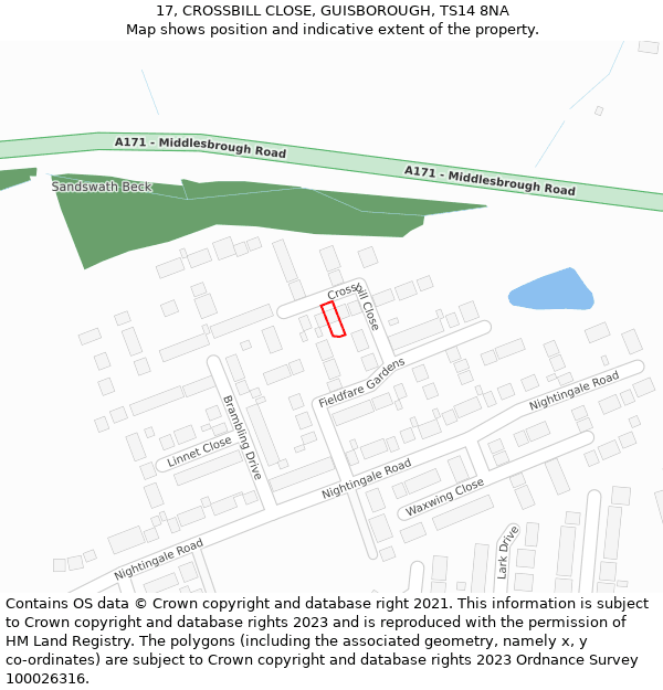 17, CROSSBILL CLOSE, GUISBOROUGH, TS14 8NA: Location map and indicative extent of plot