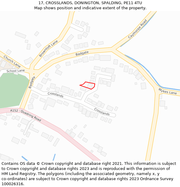 17, CROSSLANDS, DONINGTON, SPALDING, PE11 4TU: Location map and indicative extent of plot