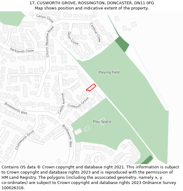 17, CUSWORTH GROVE, ROSSINGTON, DONCASTER, DN11 0FG: Location map and indicative extent of plot