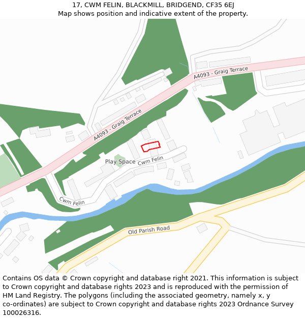 17, CWM FELIN, BLACKMILL, BRIDGEND, CF35 6EJ: Location map and indicative extent of plot