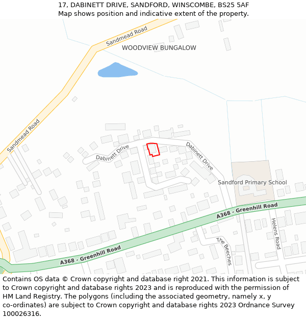 17, DABINETT DRIVE, SANDFORD, WINSCOMBE, BS25 5AF: Location map and indicative extent of plot