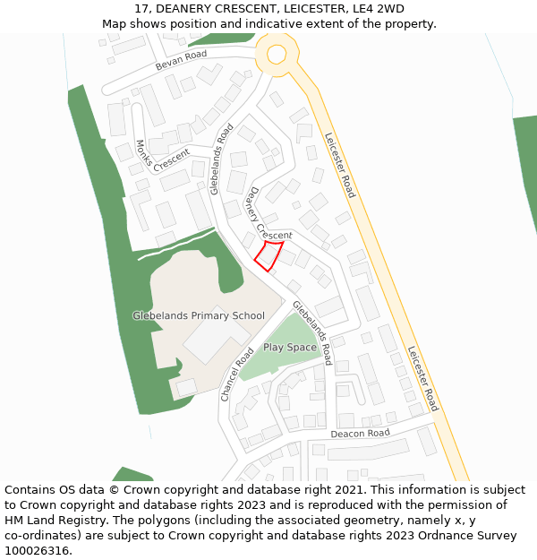 17, DEANERY CRESCENT, LEICESTER, LE4 2WD: Location map and indicative extent of plot