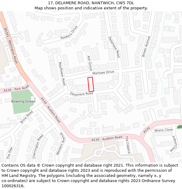 17, DELAMERE ROAD, NANTWICH, CW5 7DL: Location map and indicative extent of plot