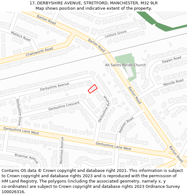 17, DERBYSHIRE AVENUE, STRETFORD, MANCHESTER, M32 9LR: Location map and indicative extent of plot