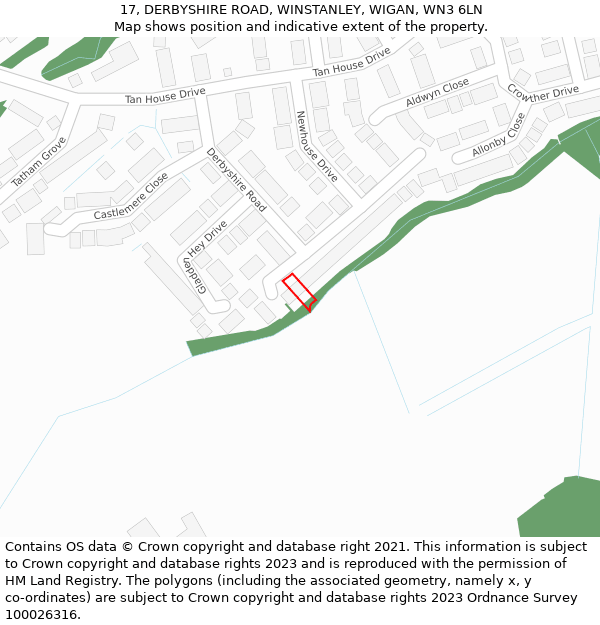 17, DERBYSHIRE ROAD, WINSTANLEY, WIGAN, WN3 6LN: Location map and indicative extent of plot