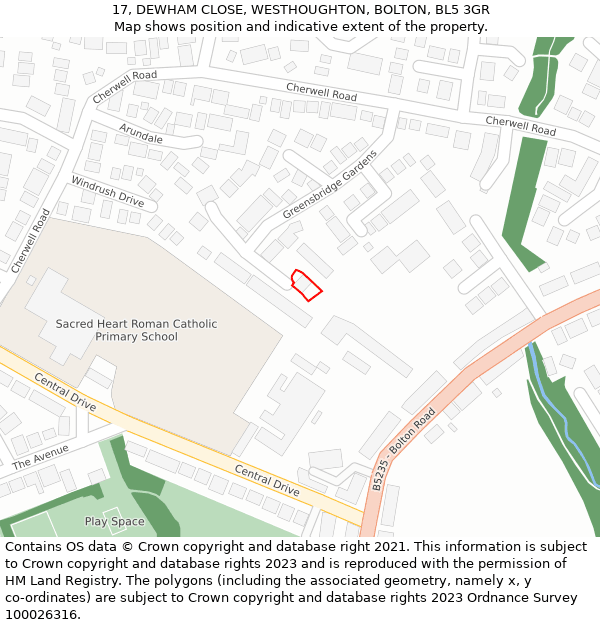 17, DEWHAM CLOSE, WESTHOUGHTON, BOLTON, BL5 3GR: Location map and indicative extent of plot