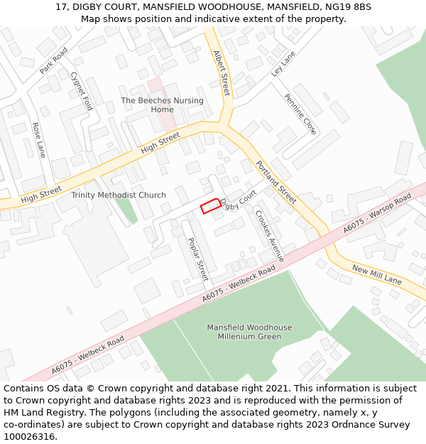 17, DIGBY COURT, MANSFIELD WOODHOUSE, MANSFIELD, NG19 8BS: Location map and indicative extent of plot