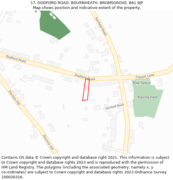 17, DODFORD ROAD, BOURNHEATH, BROMSGROVE, B61 9JP: Location map and indicative extent of plot