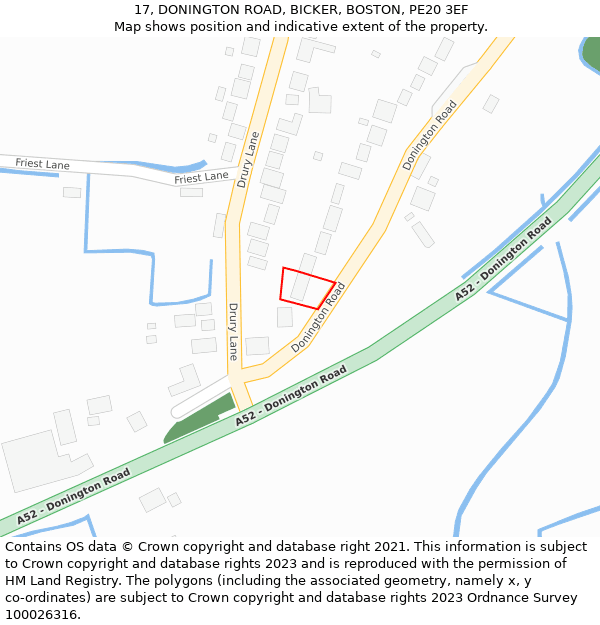 17, DONINGTON ROAD, BICKER, BOSTON, PE20 3EF: Location map and indicative extent of plot