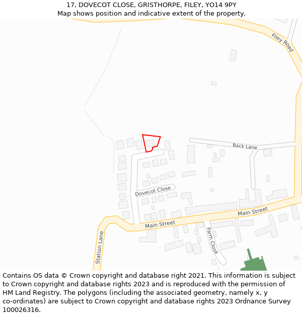 17, DOVECOT CLOSE, GRISTHORPE, FILEY, YO14 9PY: Location map and indicative extent of plot