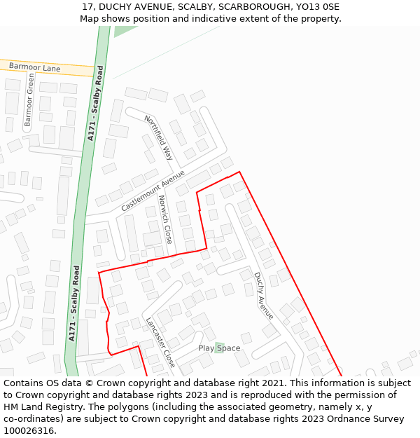 17, DUCHY AVENUE, SCALBY, SCARBOROUGH, YO13 0SE: Location map and indicative extent of plot