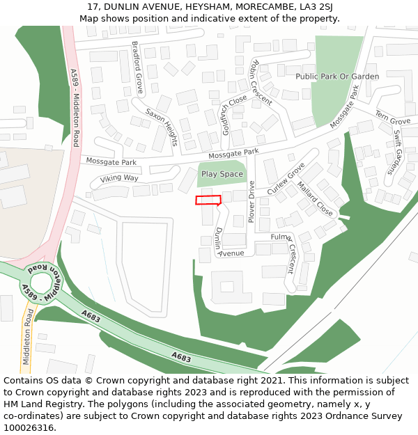 17, DUNLIN AVENUE, HEYSHAM, MORECAMBE, LA3 2SJ: Location map and indicative extent of plot