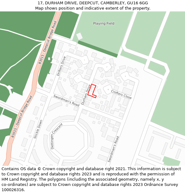 17, DURHAM DRIVE, DEEPCUT, CAMBERLEY, GU16 6GG: Location map and indicative extent of plot