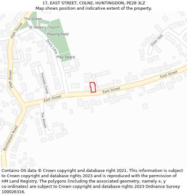 17, EAST STREET, COLNE, HUNTINGDON, PE28 3LZ: Location map and indicative extent of plot