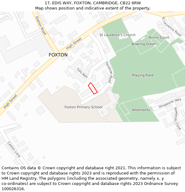 17, EDIS WAY, FOXTON, CAMBRIDGE, CB22 6RW: Location map and indicative extent of plot