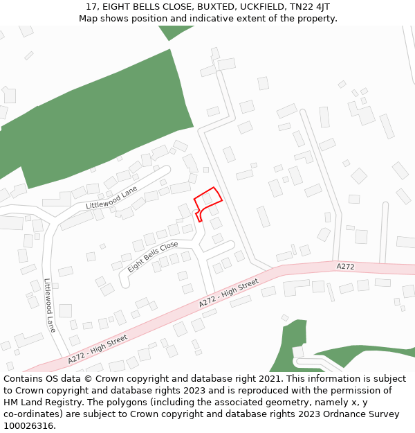 17, EIGHT BELLS CLOSE, BUXTED, UCKFIELD, TN22 4JT: Location map and indicative extent of plot