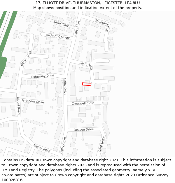 17, ELLIOTT DRIVE, THURMASTON, LEICESTER, LE4 8LU: Location map and indicative extent of plot