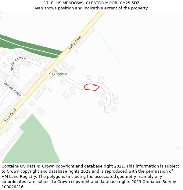 17, ELLIS MEADOWS, CLEATOR MOOR, CA25 5DZ: Location map and indicative extent of plot