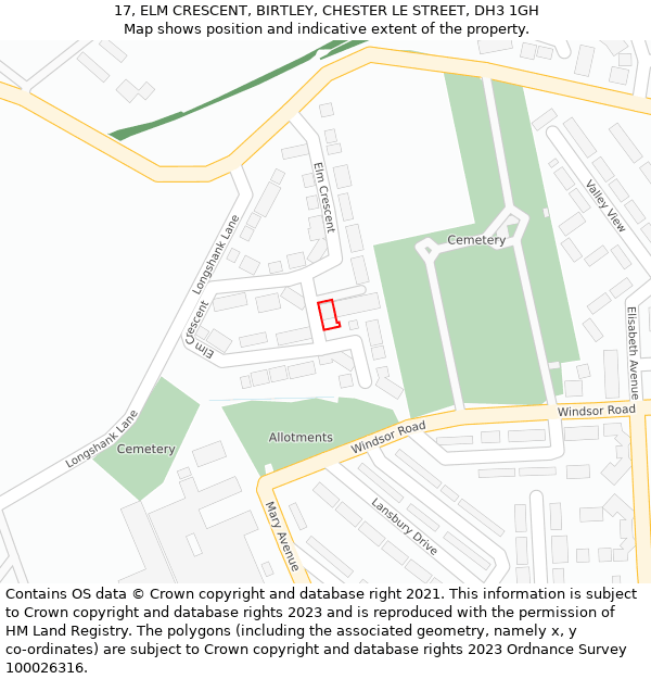 17, ELM CRESCENT, BIRTLEY, CHESTER LE STREET, DH3 1GH: Location map and indicative extent of plot