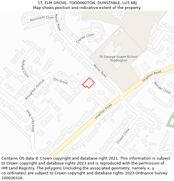 17, ELM GROVE, TODDINGTON, DUNSTABLE, LU5 6BJ: Location map and indicative extent of plot