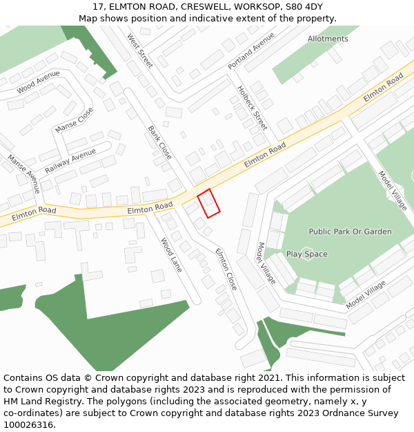 17, ELMTON ROAD, CRESWELL, WORKSOP, S80 4DY: Location map and indicative extent of plot