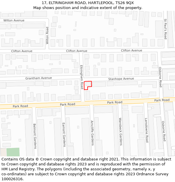 17, ELTRINGHAM ROAD, HARTLEPOOL, TS26 9QX: Location map and indicative extent of plot