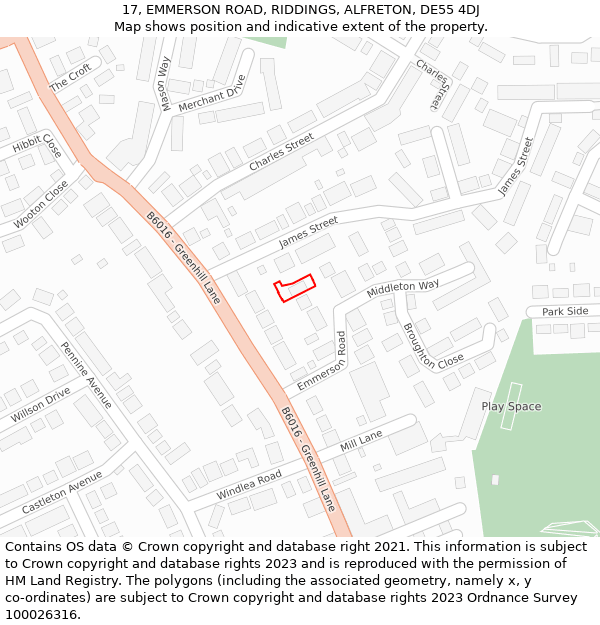 17, EMMERSON ROAD, RIDDINGS, ALFRETON, DE55 4DJ: Location map and indicative extent of plot