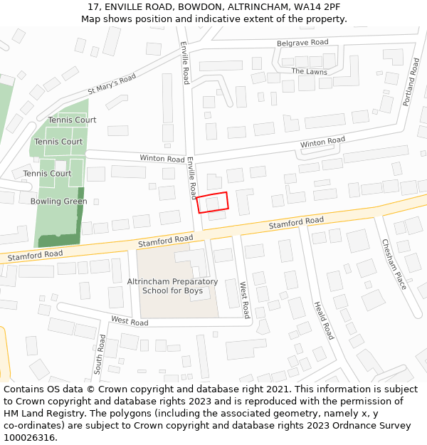 17, ENVILLE ROAD, BOWDON, ALTRINCHAM, WA14 2PF: Location map and indicative extent of plot